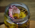 Close up of a glass jar with marinated octopus and olive oil Royalty Free Stock Photo