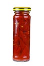 Glass jar with marinated red chili peppers