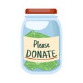 Glass jar with money and text Please DONATE`