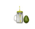 Glass jar, mug with a cover, handle and straw isolated on white background. Translucent cup and avocado.