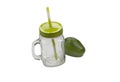 Glass jar, mug with a cover, handle and straw isolated on white background. Translucent cup and avocado.