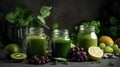 Glass jar mugs with green health smoothie, kale leaves, lime, apple, kiwi, grapes, banana, avocado, lettuce. Alkaline food concept Royalty Free Stock Photo