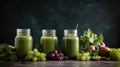 Glass jar mugs with green health smoothie, kale leaves, lime, apple, kiwi, grapes, banana, avocado, lettuce. Generative ai Royalty Free Stock Photo