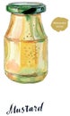 Glass jar of mustard with green lid