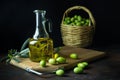 Glass jar of olive oil on wooden cutting board and a wicker basket with fresh green olives on black background. Dark low key photo Royalty Free Stock Photo