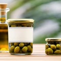 Glass jar of olives, empty blank generic product packaging mockup