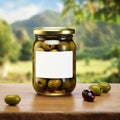 Glass jar of olives, empty blank generic product packaging mockup