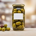 Glass jar of olives, empty blank generic product packaging mockup