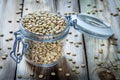 Glass jar with organic green lentils