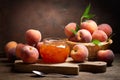 Glass jar of peach jam with fresh fruits