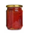 Glass jar with pickled bell peppers isolated on white