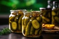 Glass jar of pickled gherkins with spices. Generative AI