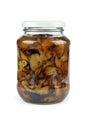 Glass jar with pickled marinated honey fungus mushrooms isolated on white Royalty Free Stock Photo