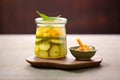 glass jar of pickled organic cucumbers
