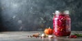 A glass jar of pickled red cabbage with autumnal accents on a rustic surface. Generative AI Royalty Free Stock Photo