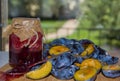 Glass jar with plum jam homemade and fresh plums Royalty Free Stock Photo