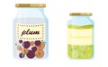 Glass jar with plums and lemonade, filled with berries and fruits.
