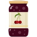 Glass jar of preserved cherry jam flat vector isolated on white Royalty Free Stock Photo