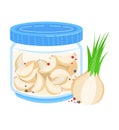 Glass jar of preserved garlic cloves with whole garlic bulb. Kitchen and cooking ingredients. Pickled garlic in a jar