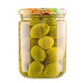 Glass jar of preserved olives isolated on white background. File contains clipping path Royalty Free Stock Photo