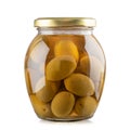 Glass jar of preserved olives on white background. File contains clipping path Royalty Free Stock Photo