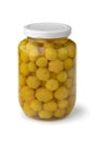 Glass jar with preserved star gooseberry, Mayom, on white background