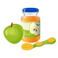 Glass jar of puree with spoon and green apple near