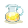 Glass jar of refreshing beverage with slices of lemons and ice cubes. Sweet lemonade. Flat vector design for menu or