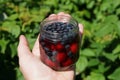 Glass jar with ripe red cherries and blue blueberries in water on the palm Royalty Free Stock Photo