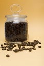 Glass jar with roasted mocha coffee beans on a pumpkin background gilded grains