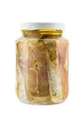 Glass jar of salted mackerel fish in soya bean oil