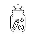 Glass jar with sewing accessories. Reuse of food bottle for storing threads, buttons, needles. Linear handmade icon. Black