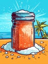 Glass jar is sitting on beach, with sand and water in background. The image features an old-fashioned mason jar filled