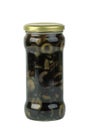 Glass jar with sliced black olives Royalty Free Stock Photo