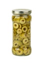 Glass jar with sliced green olives Royalty Free Stock Photo