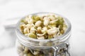 Glass jar with sprouted green mung beans on light background, closeup Royalty Free Stock Photo