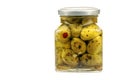 Glass jar with stuffed green olives Royalty Free Stock Photo