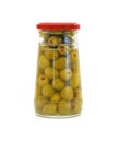 Glass jar with stuffed green olives Royalty Free Stock Photo