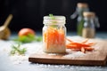 a glass jar surrounded by raw carrots, ginger root, and sea salt flakes