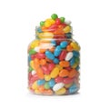 Glass jar of tasty bright jelly beans on white Royalty Free Stock Photo