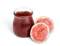 Glass jar of tasty sweet fig jam isolated on white Royalty Free Stock Photo