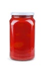 Glass jar with tomato juice isolated on white background Royalty Free Stock Photo