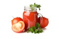 Glass jar of tomato juice and tomatoes isolated on white background Royalty Free Stock Photo
