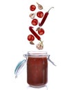 Glass jar with tomato sauce in which the ingredients fall from which it is cooked on a white isolated background Royalty Free Stock Photo