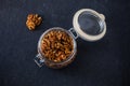 Glass jar with walnut halves