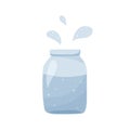 Glass jar with water and drops. Hand drawn isolated icon. Flat drink vector illustration. Cartoon bottle with liquid and spray. Royalty Free Stock Photo