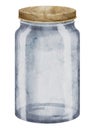 Glass Jar on white isolated background. Watercolor illustration of a transparent Bottle with wooden cork. Hand drawn Royalty Free Stock Photo