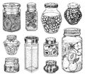 Glass jars with berry jam and fruit set. Vintage bottles with orange, raspberries and cherries. Hand drawn engraved