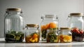 Glass jars for canning of different sizes on a white background.