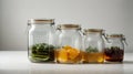 Glass jars for canning of different sizes on a white background.